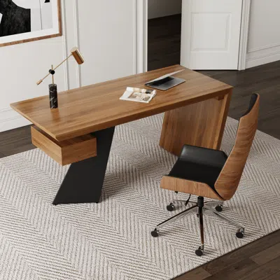 Homary Set Industrial Distressed Wood Writing Desk Black Faux Leather Office Chair (55") In Brown