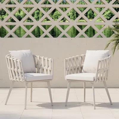 Homary Set Of 2 Hand Woven Rope Outdoor Patio Dining Chair With Cushions In Beige Set Of 2 Aluminum Alloy O In White