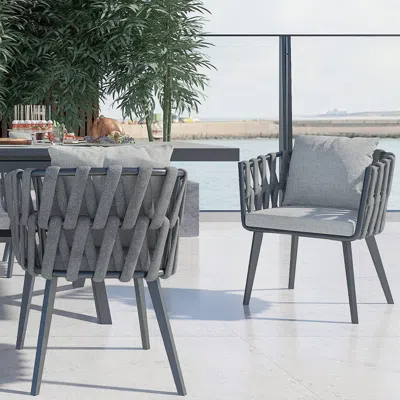 Homary Set Of 2 Hand Woven Rope Outdoor Patio Dining Chair With Cushions In Gray Set Of 2 Aluminum Alloy Ou