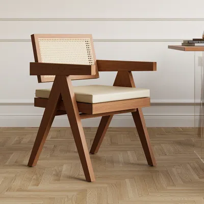 Homary Set Of 2 Japandi Rattan Dining Chairs With Upholstery & Solid Wood Frame Walnut Dining Room Chairs In Brown