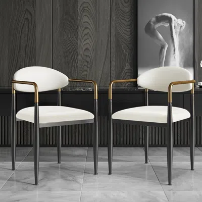 Homary Set Of 2 Pu Leather & Velvet Upholstered Dining Chair White Dining Room Chairs With Arms In Multi