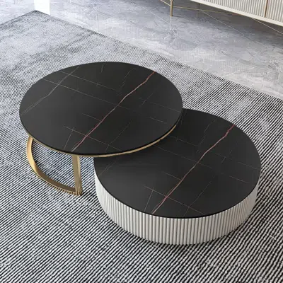 Homary Set Of 2 Round Sintered Stone Top Nesting Coffee Table With Drawer Black & Gold
