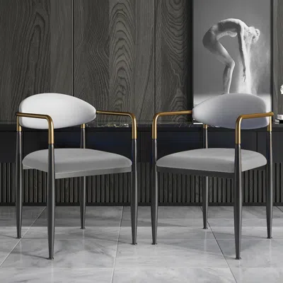 Homary Set Of 4 Pu Leather & Velvet Upholstered Dining Chair White & Gray Dining Room Chairs With Arms