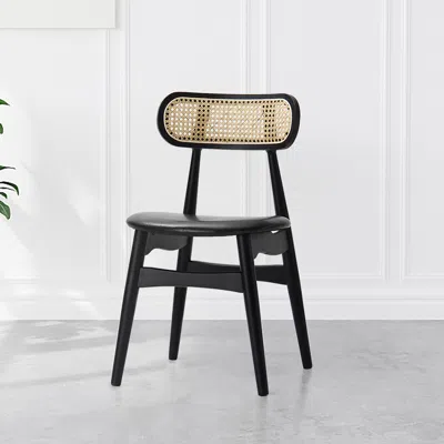 Homary Set Of 6 Japandi Dining Chair Rattan Faux Leather Upholstered Ash Wooden Black Kitchen Chairs