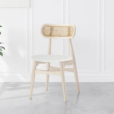 Homary Set Of 8 Japandi Dining Chair Rattan Faux Leather Upholstered Bleached Wood White Kitchen Chairs
