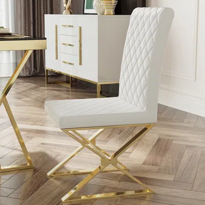 Homary Set Of 8 Modern Dining Chairs Pu Leather Upholstered White Dining Room Chair With Gold Legs
