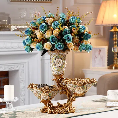 Homary Shinely 2 Tiered Gold & White Fruit Basket Plate With Vase Resin Snack Tray Decor In Multi