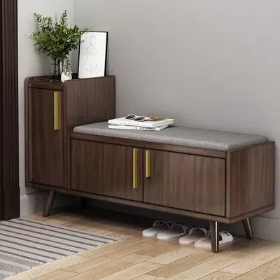 Homary Shoe Storage Entryway Bench Wooden With 3 Doors & 5 Shelves Shoe Rack In Black Walnut (47" Wide) In Brown