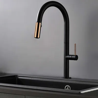 Homary Simple Pull Down Kitchen Faucet With Double Function Single Handle Black & Rose Gold