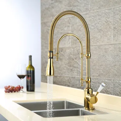 Homary Single Handle High Arc Dual-mode Pull-down Sprayer Kitchen Faucet Solid Brass With Porcelain Handle  In Gold