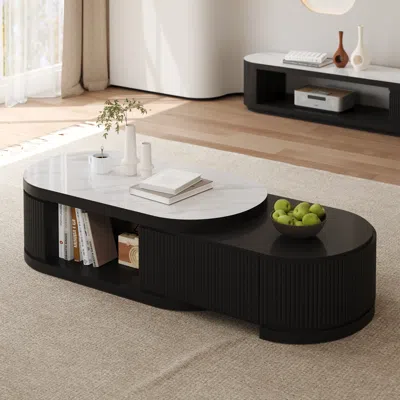 Homary Sintered Stone Round Coffee Table Modern Black Living Room Furniture With Storage