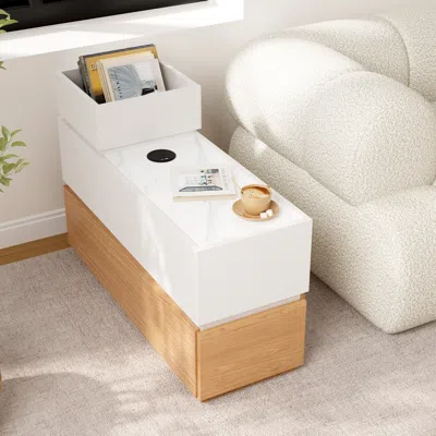 Homary Sintered Stone Top Narrow Smart Side Table With Storage Modern White & Natural End Table With Usb Ch