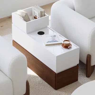 Homary Sintered Stone Top Narrow Smart Side Table With Storage Modern White & Walnut End Table With Usb Cha