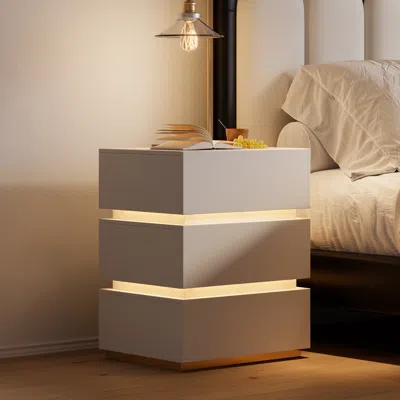 Homary Smart 3-drawer Nightstand With Charging Station Bedside Table With Light In White In Neutral
