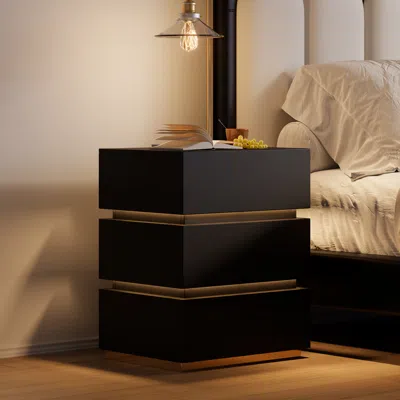 Homary Smart Led 3 Drawer Nightstand Wireless Charging Station Bedside Table With Light Modern Black