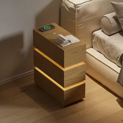 Homary Smart Led Natural Nightstand Wireless Charging Station Wood Bedside Table With Light Modern In Brown