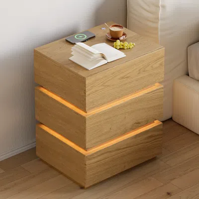 Homary Smart Led Natural Nightstand Wireless Charging Station Wood Bedside Table With Light Modern Set Of 2 In Brown