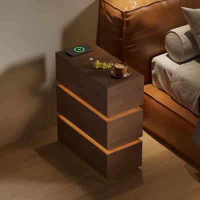 Homary Smart Led Nightstand Wireless Charging Station Wood Bedside Table With Light Modern In Brown