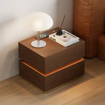 Homary Smart Led Nightstand Wireless Charging Station Wood Bedside Table With Light Modern Set Of 2 In Brown