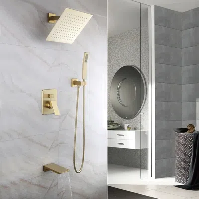 Homary Solid Brass Wall Mount 10" Rainshower Hand Shower & Tub Spout Shower System In Gold