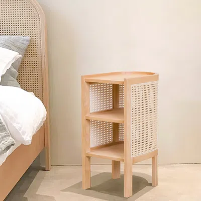 Homary Solid Wood Nightstand Semi-circle Natural Rattan Bedside Table With Open Shelves In Neutral