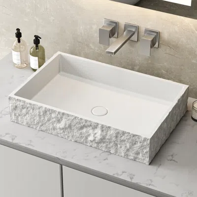 Homary Square White Concrete Vessel Sink—24'' Modern Rectangular Countertop Basin For Bathroom Vanity
