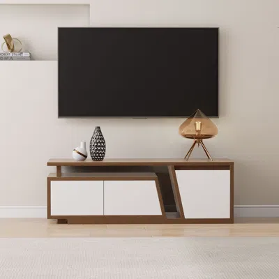 Homary Storage Modern White & Walnut Wood Tv Stand Extendable 1200mm-1800mm Floor-standing Tv Unit With 3 D In Brown