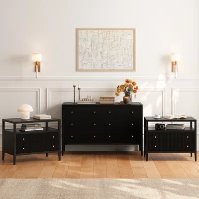 Homary Stria Black Fluted 6-drawer Dresser & 2 Wide Nightstands Set