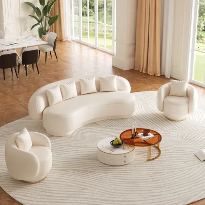Homary Suncurve Faux Leather 3-seat Sofa Set With Swivel Accent Chairs Set Of 2 In White