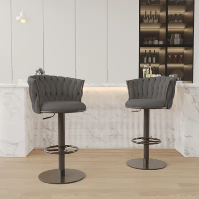 Homary Sweave Set Of 2 Gray Swivel Bar Stools Velvet Curved Back Adjustable Height