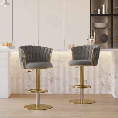 Homary Sweave Set Of 6 Gray Swivel Bar Stools Velvet Curved Back Adjustable Height