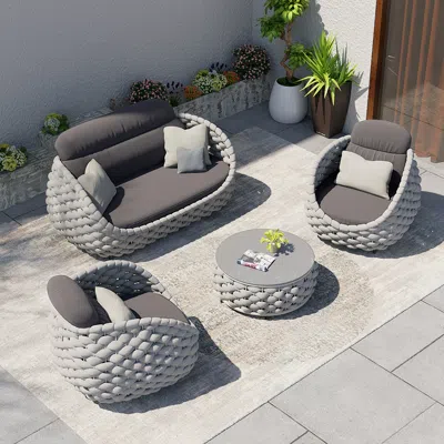 Homary Tatta 4-person Outdoor Sofa Set, Rotatable Hand Woven Rope Chair & Outdoor Coffee Table With Storage In Gray