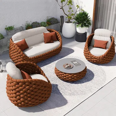 Homary Tatta 4-person Outdoor Sofa Set, Rotatable Hand Woven Rope Chair & Outdoor Coffee Table With Storage In Brown