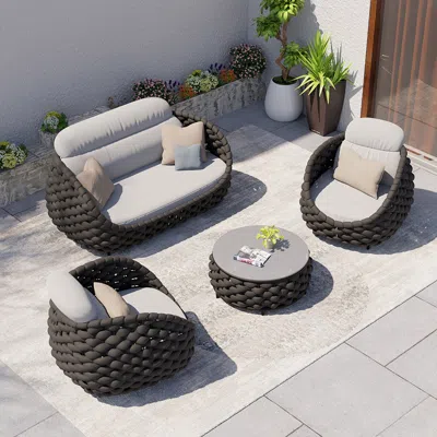 Homary Tatta 4-person Outdoor Sofa Set, Rotatable Hand Woven Rope Chair & Outdoor Coffee Table With Storage In Gray