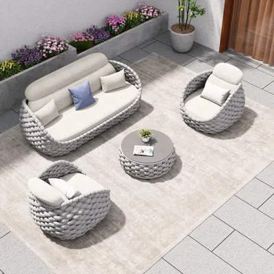 Homary Tatta 4-person Outdoor Sofa Set, Rotatable Hand Woven Rope Chair & Outdoor Coffee Table With Storage In White