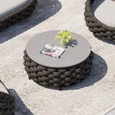 Homary Tatta Modern Faux Marble Top Round Outdoor Coffee Table With Woven Rope Base In Black In Gray