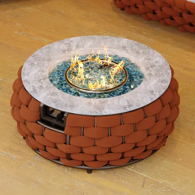 Homary Tatta Weave Round Smokeless Propane Fire Pit - Elegant Rattan & Marble Design, 50,000 Btu Outdoor He In Brown