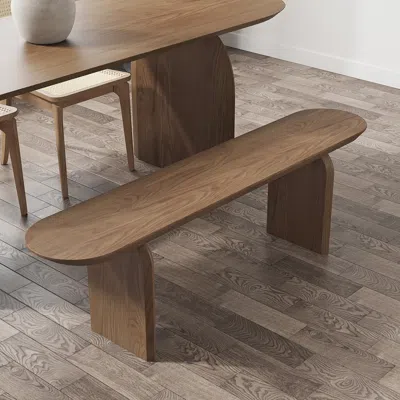 Homary Tintica Japandi 51" Dining Bench Oval Solid Wood In Walnut Double Pedestals Set Of 2 In Brown