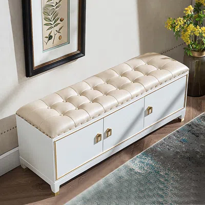 Homary Traditional 39.4" Faux Leather Upholstered Entryway Bench With Storage Shoe Cabinet 3-door In White