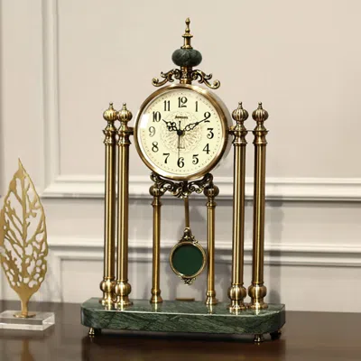 Homary Traditional Metal Bronze Round Mantel & Table Top Clock With Pendulum Green Marble Base In Gold