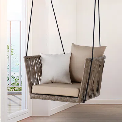 Homary Traditional Outdoor Hanging Chair Rattan Porch Swing Chair With Khaki Cushion Pillow In Brown
