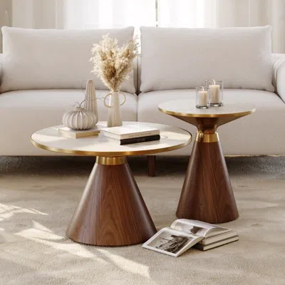 Homary Travertine Sintered Stone Round Coffee Table 2 Pieces Set Modern Walnut Living Room Furniture