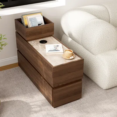Homary Travertine Stone Top Narrow Smart Side Table With Storage Modern Walnut End Table With Usb Charging In Brown