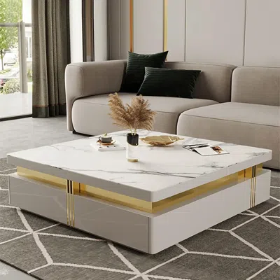 Homary Trimied 43" Modern White Square Storage Coffee Table Stone Top With 4 Wood Drawers
