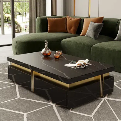 Homary Trimied Modern Coffee Table With Storage In Black Center Table With Stainless Steel Base