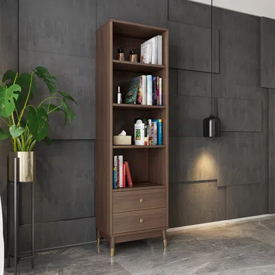 Homary Ultic Modern & Minimalist Book Shelf With 3 Shelves & 2 Drawers In Walnut In Brown