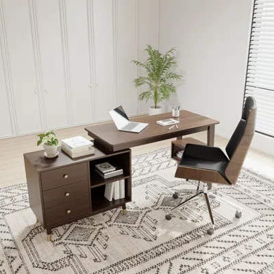 Homary Ultic Walnut L Shaped Home Office Desk & Faux Leather Office Chair Set With Wheels In Brown