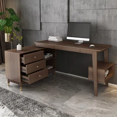 Homary Ultic Walnut L Shaped Home Office Desk Desk With Storage Drawers & Shelf Computer Desk (47.2'') In Brown