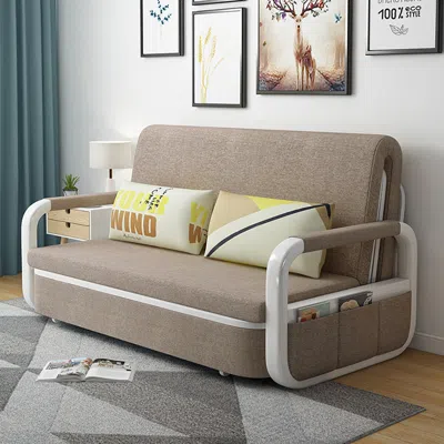 Homary Up To 74.8" Cotton And Linen Sofa Bed Khaki Sleeper Sofa Loveseat With Solid Wood Frame In Brown