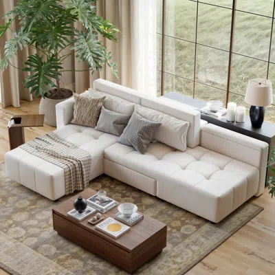 Homary Velvet Tufted Modular Reversible Sofa Bed With Lift Up Storage 4-seater L-shaped Sleeper Sofa In White